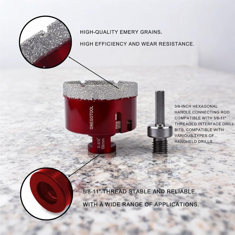 ONEGOTOOL 2-11/16 Inch（68mm） Diamond Hole Saw Tile Masonry Core Drill bits for Porcelain Ceramic Concrete Granite Marble 5/8-11 Thread for Angle Grinders and 3/8” Hex Shank - Image 3